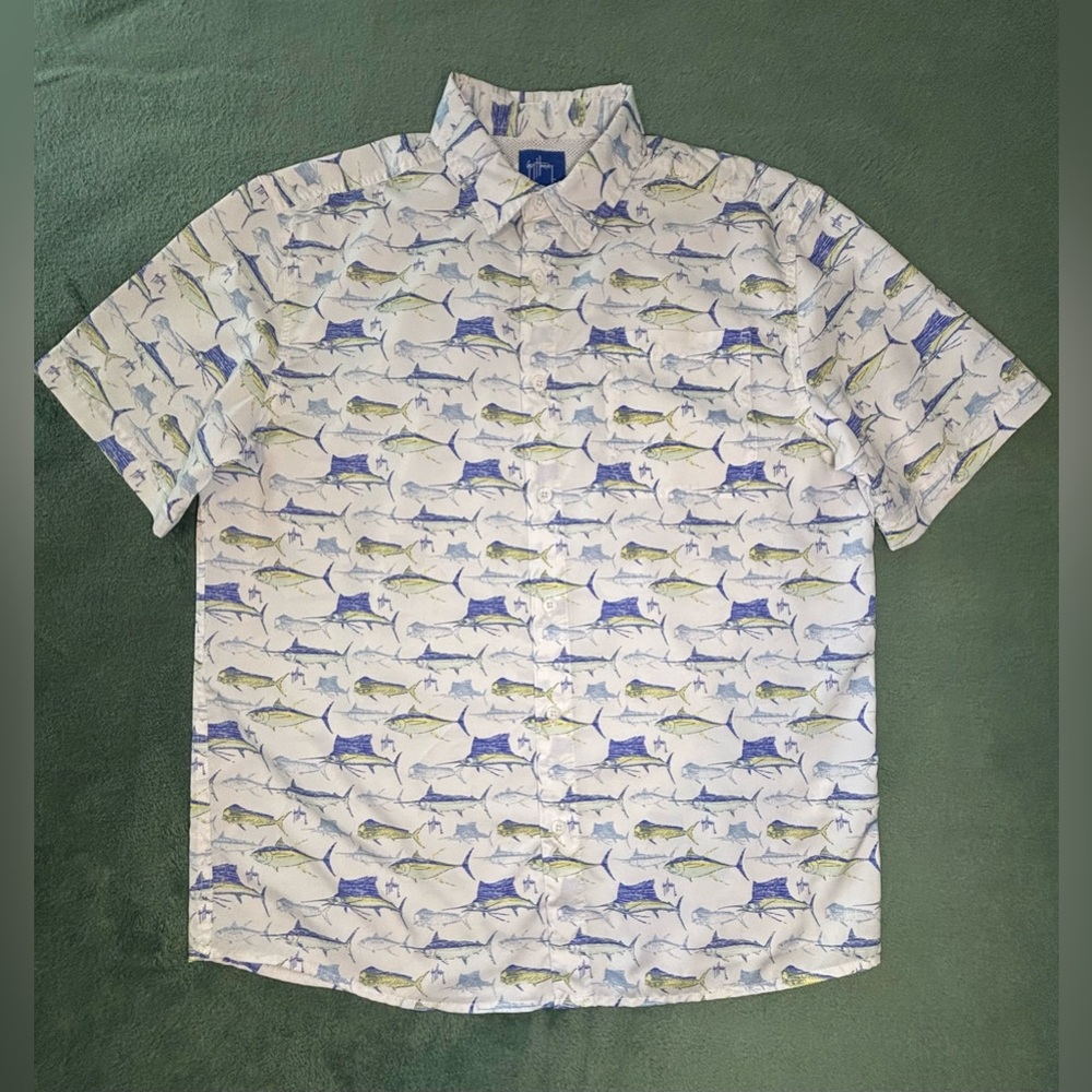 Guy Harvey White and Blue Casual Fish Print Shirt, Size: M. (5279) - Picture 2 of 8